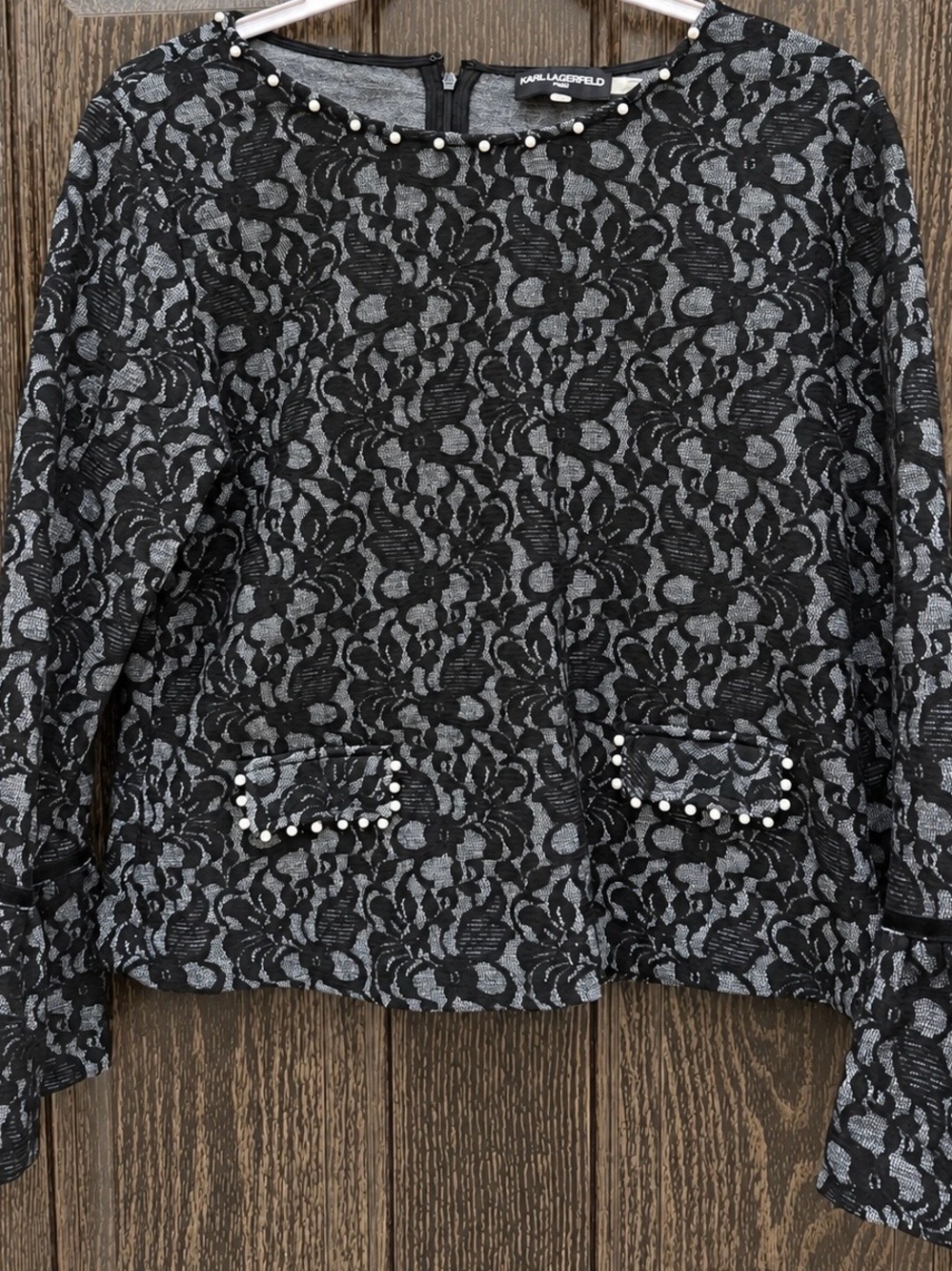 Karl Lagerfeld Black and Gray Lace-Overlay Pearl-Trim Jacket